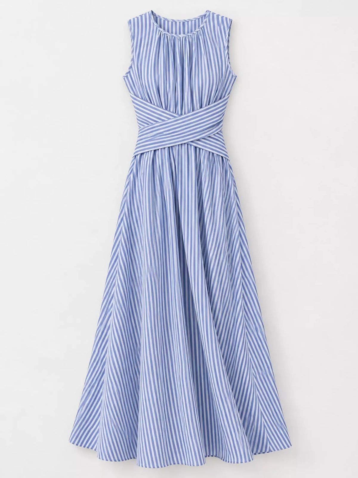 Light yellow striped sleeveless maxi dress with crisscross waist and gathered neck