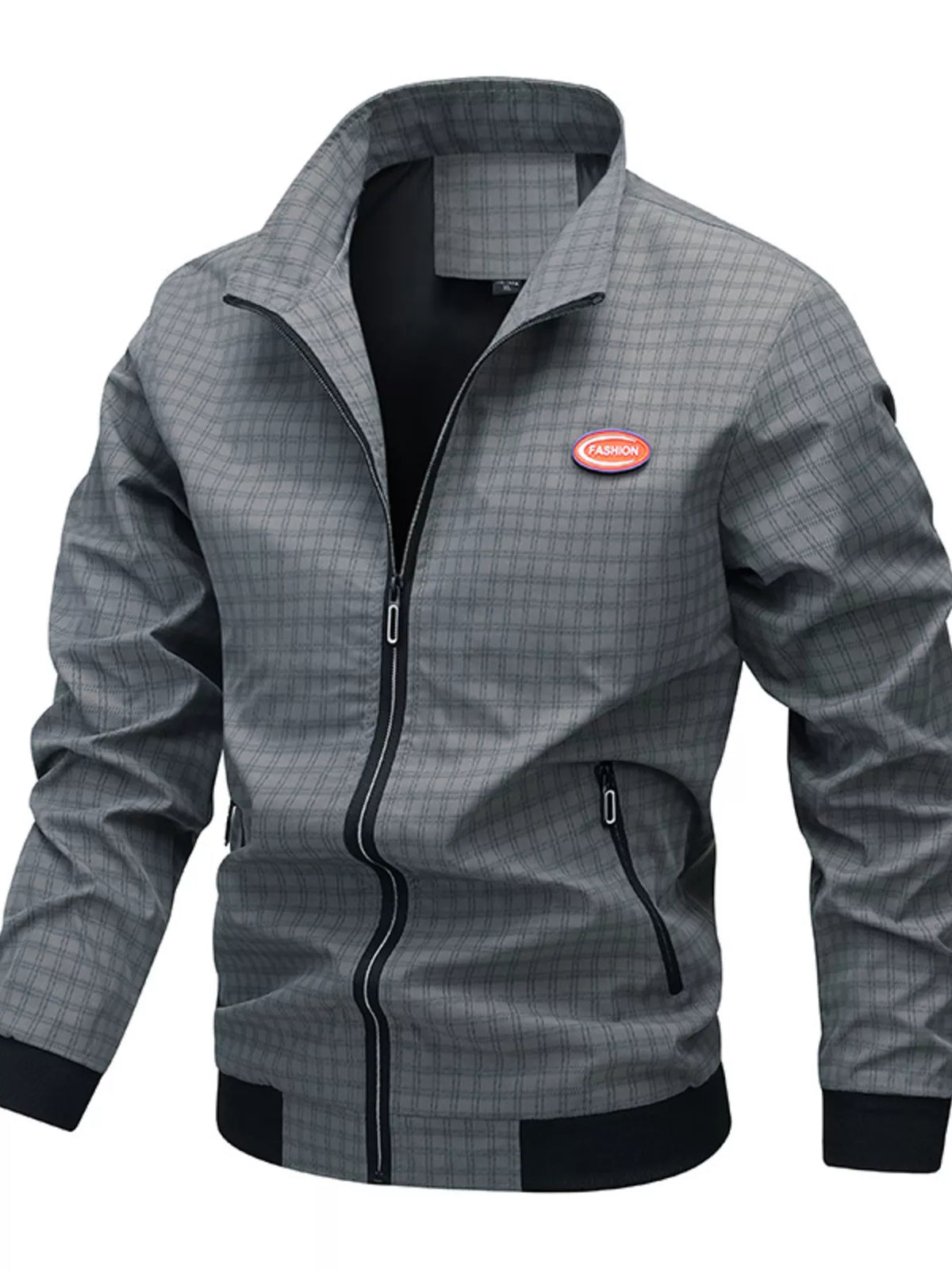 Men's plaid zip-up lightweight jacket, gray check, hood, front zip and pockets.