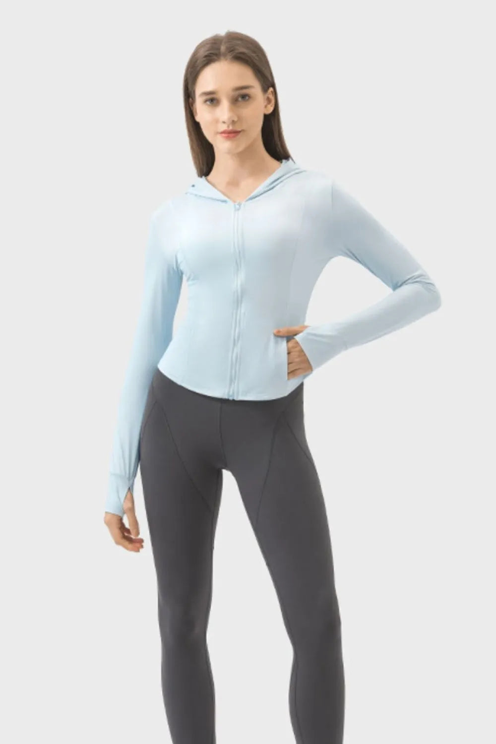 Light blue zip-up hooded long sleeve jacket with kangaroo pocket, standing front view