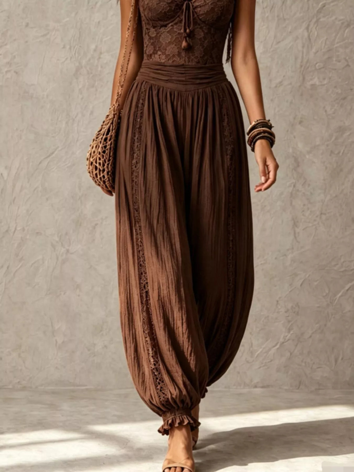 Lace corset jumpsuit with harem pants, dark brown with gathered harem legs