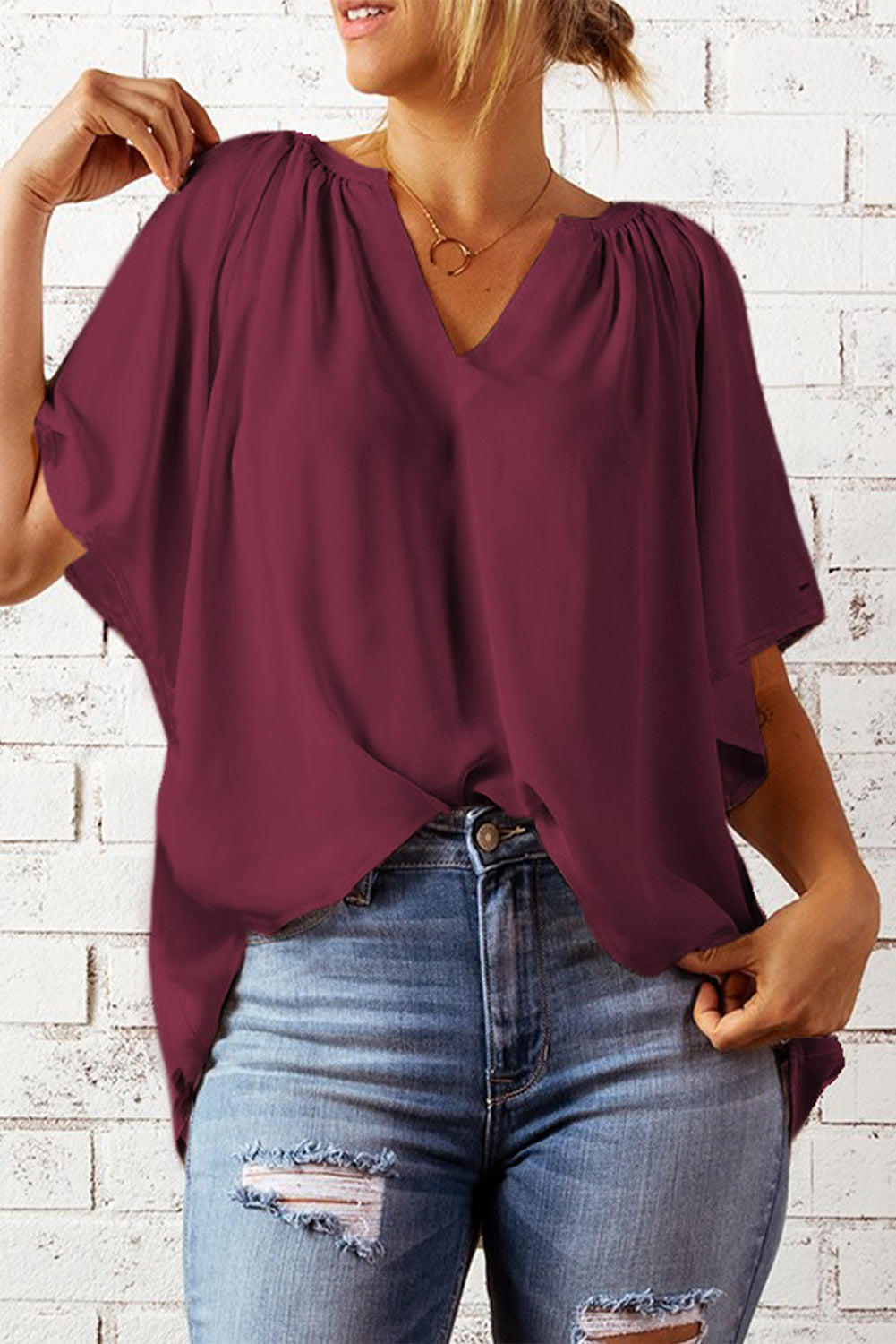 Wine gathered notched neck flutter sleeve blouse with loose drape