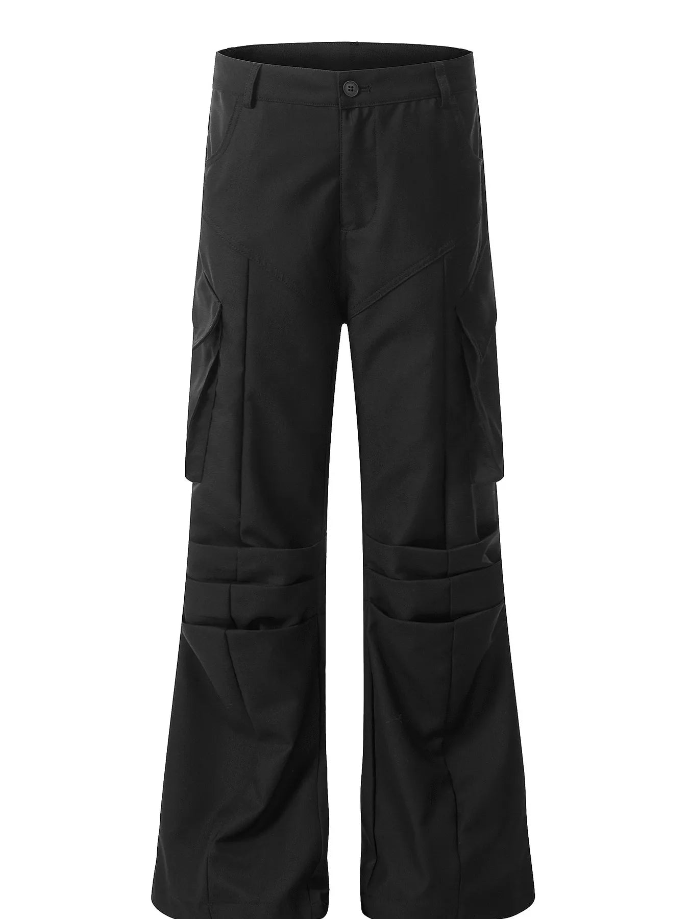 Black cargo pants with flap pockets and relaxed straight-leg fit