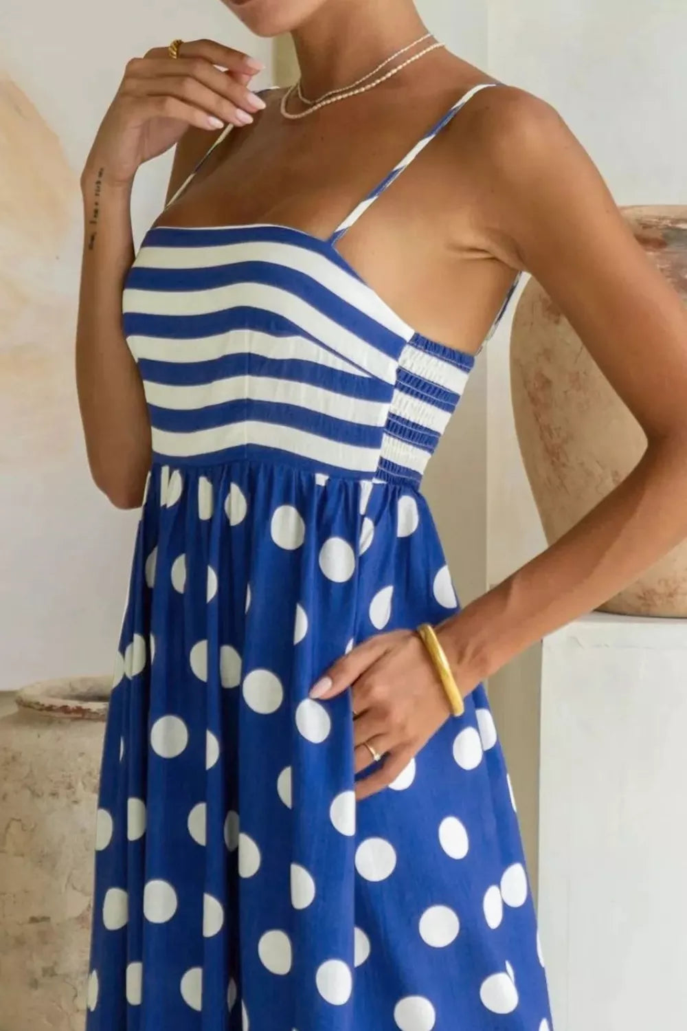 Cedar & Moore Striped Polka Dot Patchwork Maxi Dress with spaghetti straps in blue and white, high waist.