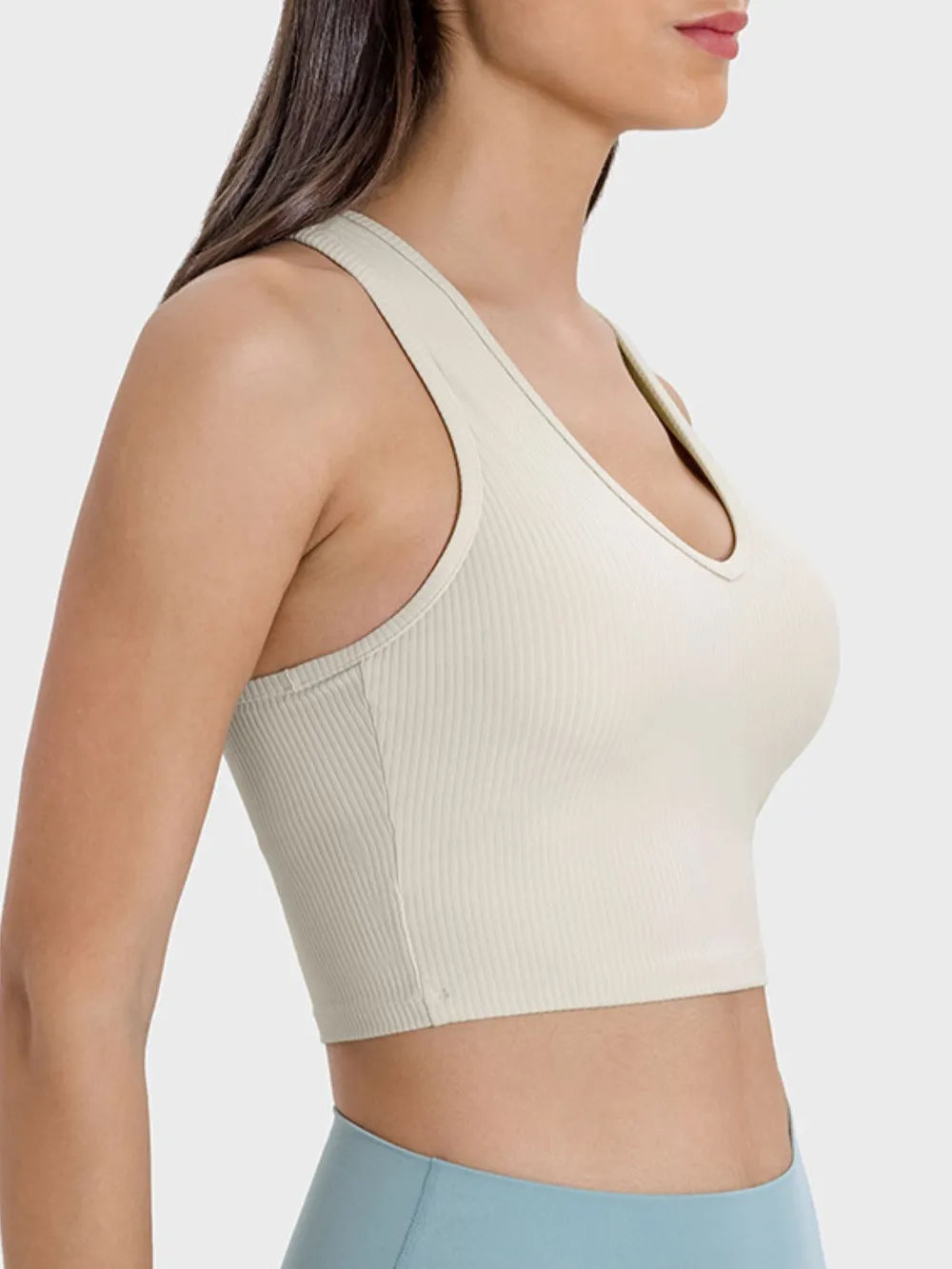 Scoop neck wide-strap active tank, cream ribbed knit side view