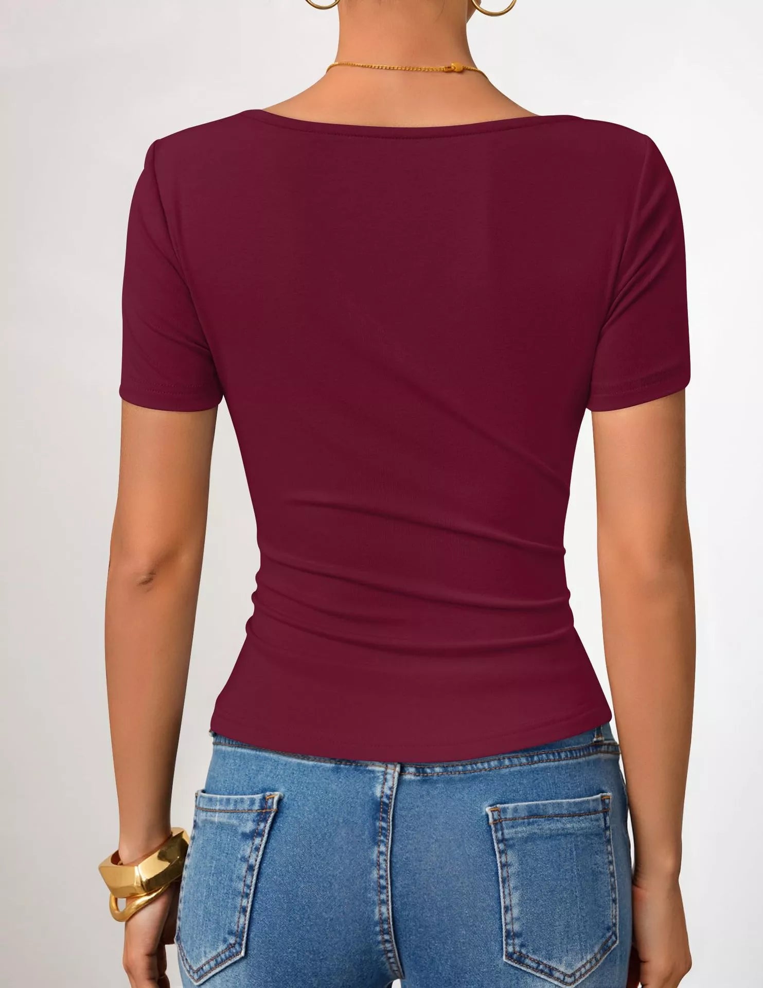 Cedar & Moore Asymmetrical Neckline Fitted T-Shirt in burgundy; short sleeves, Trendsi.
