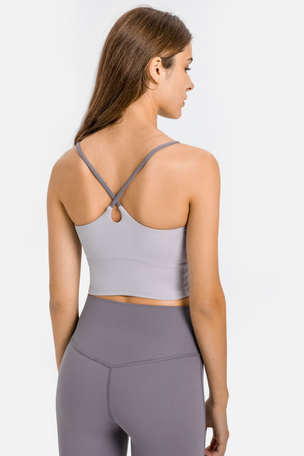 Sports cami with open crisscross back, scoop neckline, lavender color