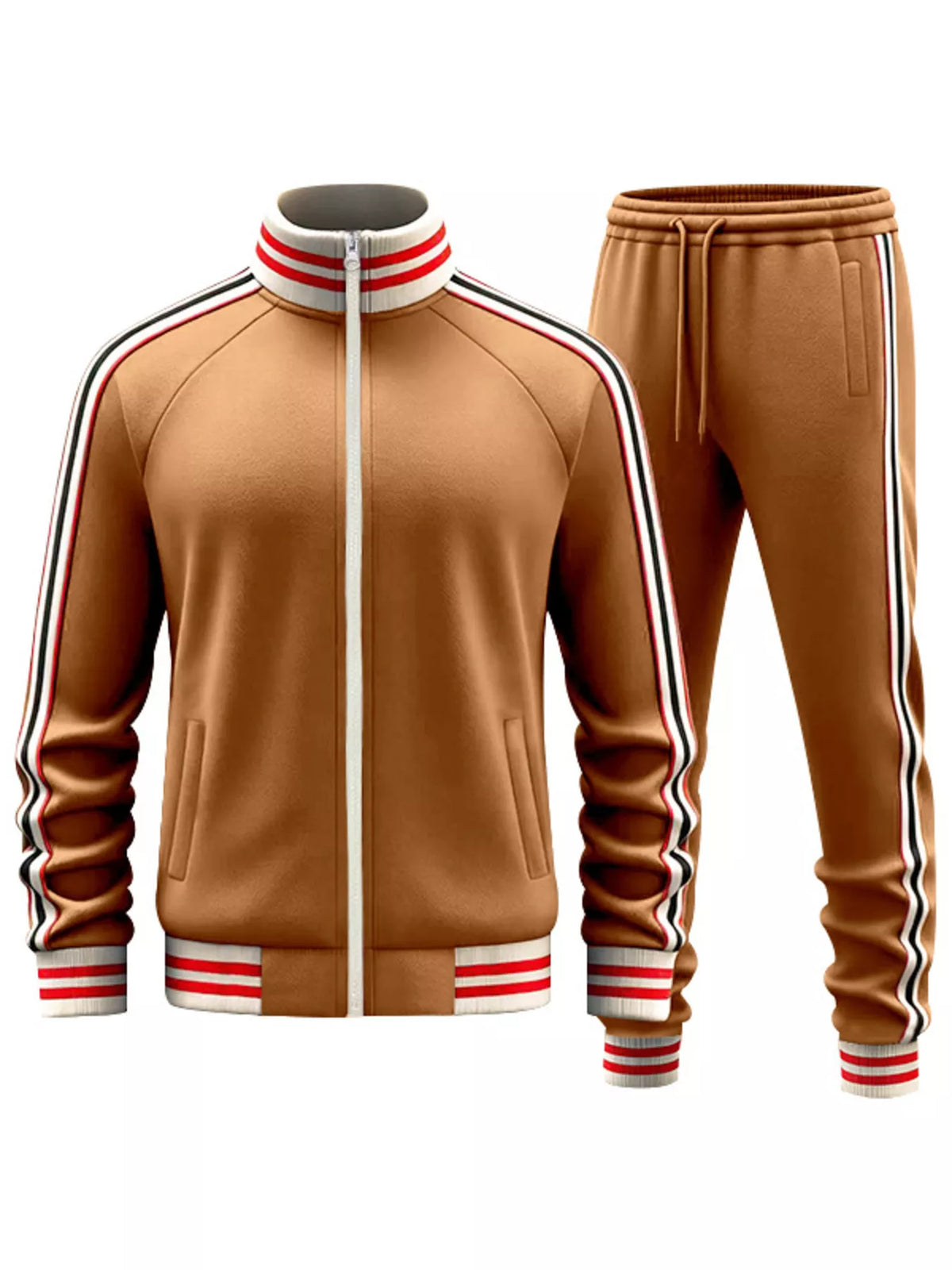 Brown zip-up track jacket and jogger pants set with striped ribbed trim