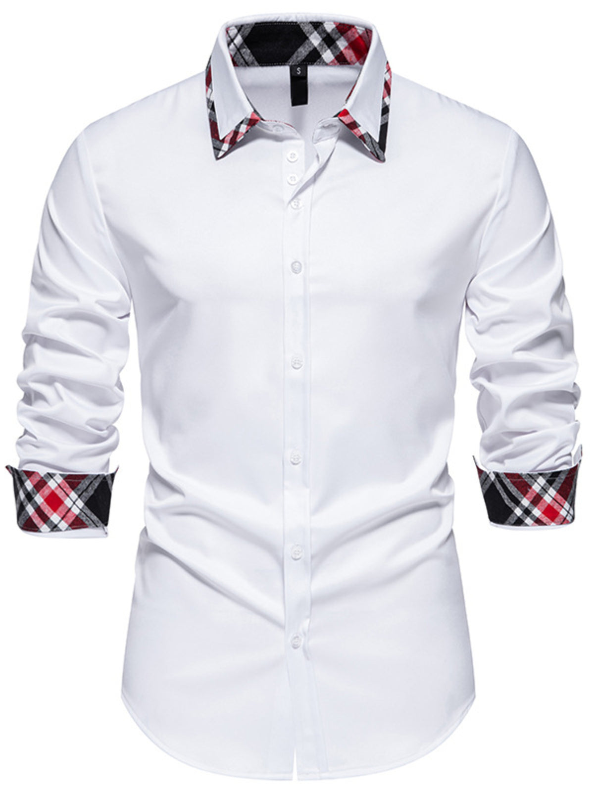Men's slim fit long-sleeve white dress shirt with plaid button-cuff inner collar.