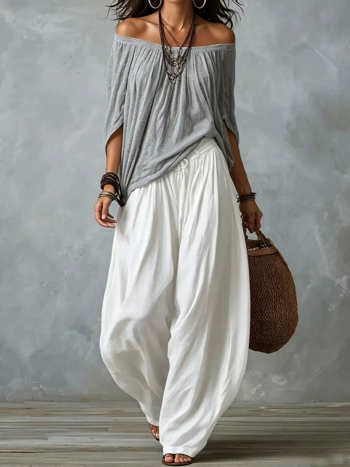 Off-shoulder harem pants set with gray top and white loose balloon pants