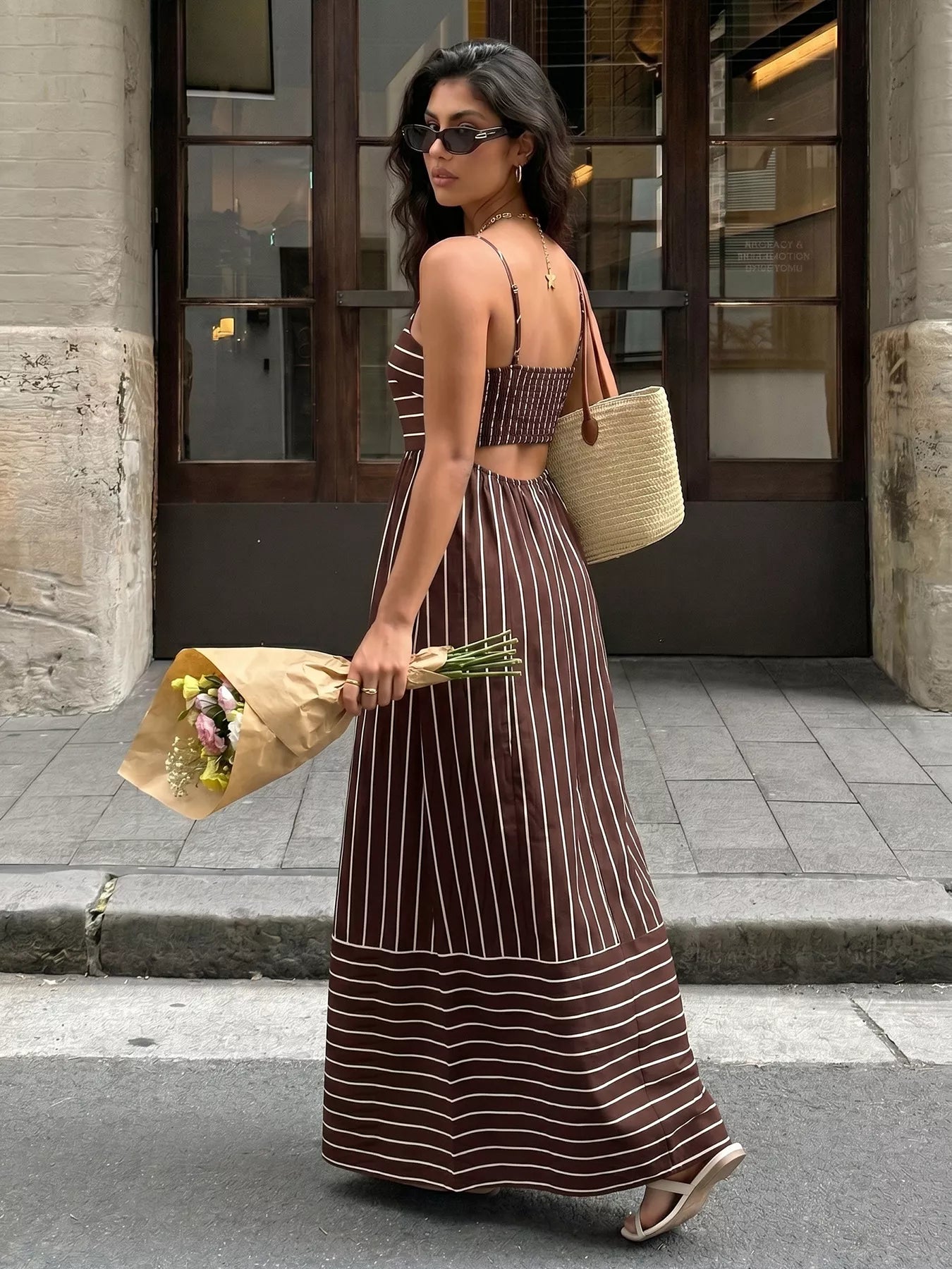 Cedar & Moore Striped Print Spaghetti Strap Maxi Dress in brown with white stripes; back cutout and smocked bodice, Trendsi.