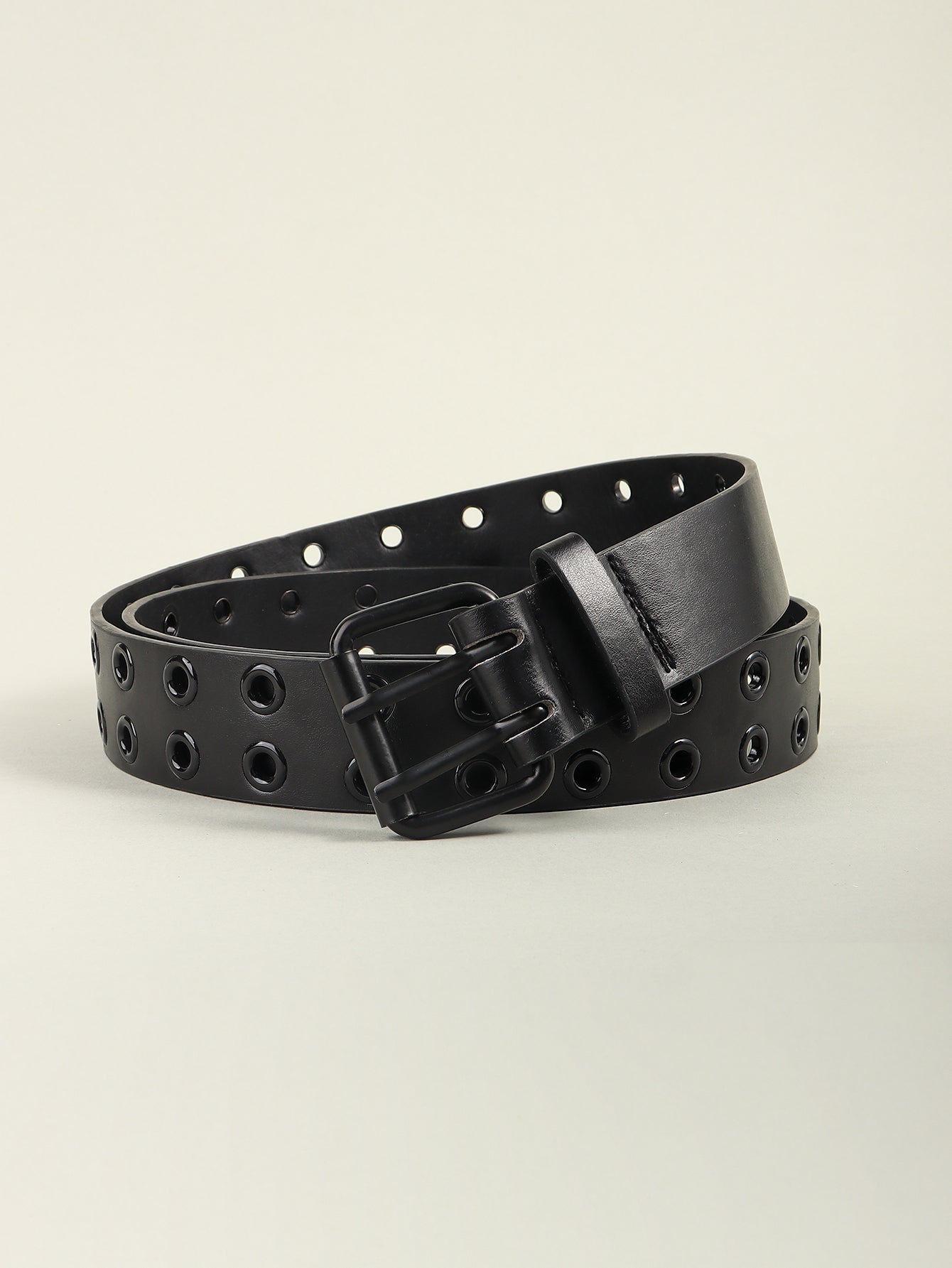 Black wide belt with metal eyelets and square buckle, front-facing view.