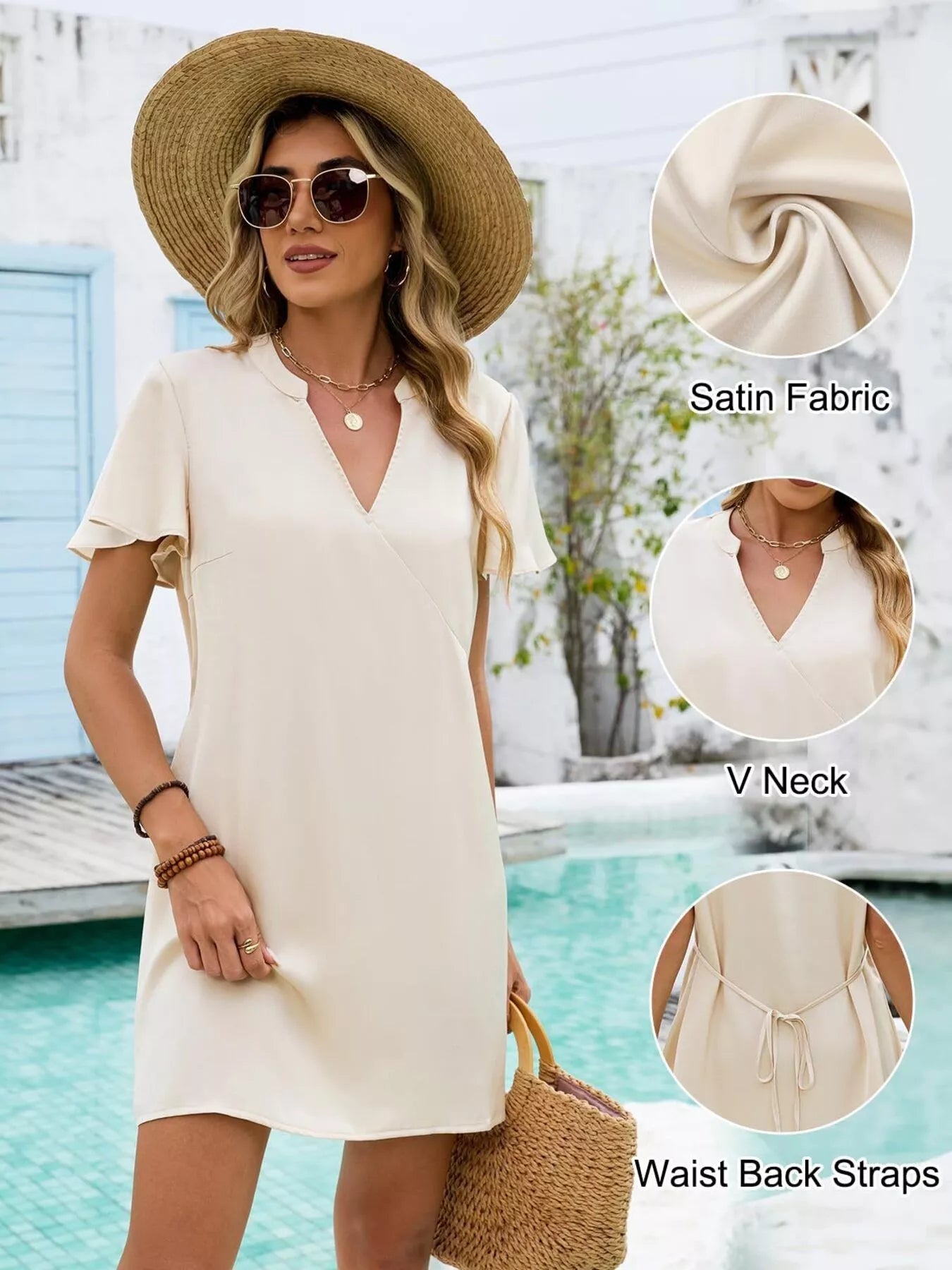 Cedar & Moore Notched Flutter Sleeve Mini Dress in cream satin by Trendsi