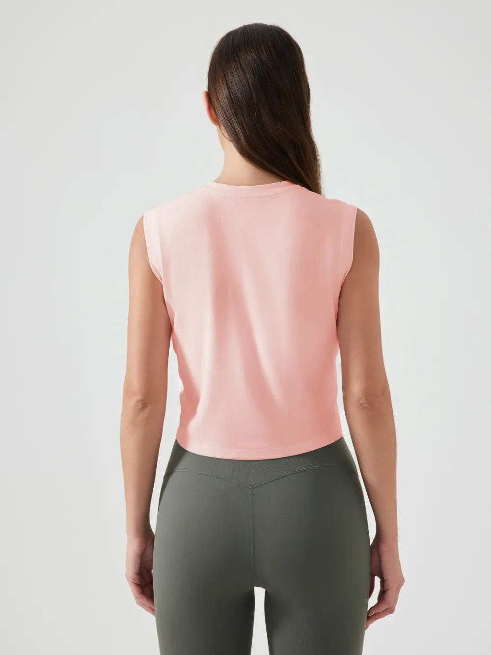 Millennia cropped active tank, sleeveless with round neck, watermelon pink (back view).