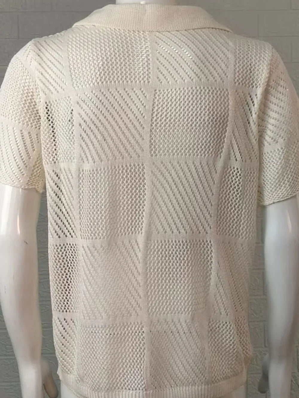 Ivory checkered eyelet knit button-down shirt, short sleeves, back view