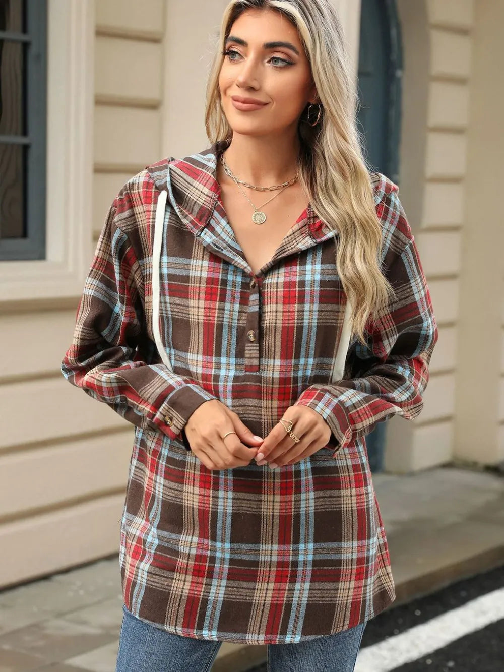 Multicolor plaid hooded long-sleeve top with drawstring, button front, and kangaroo pocket