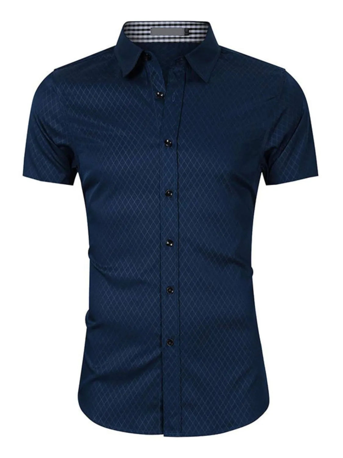 Men's collared short-sleeve shirt, navy micro-pattern with button front.