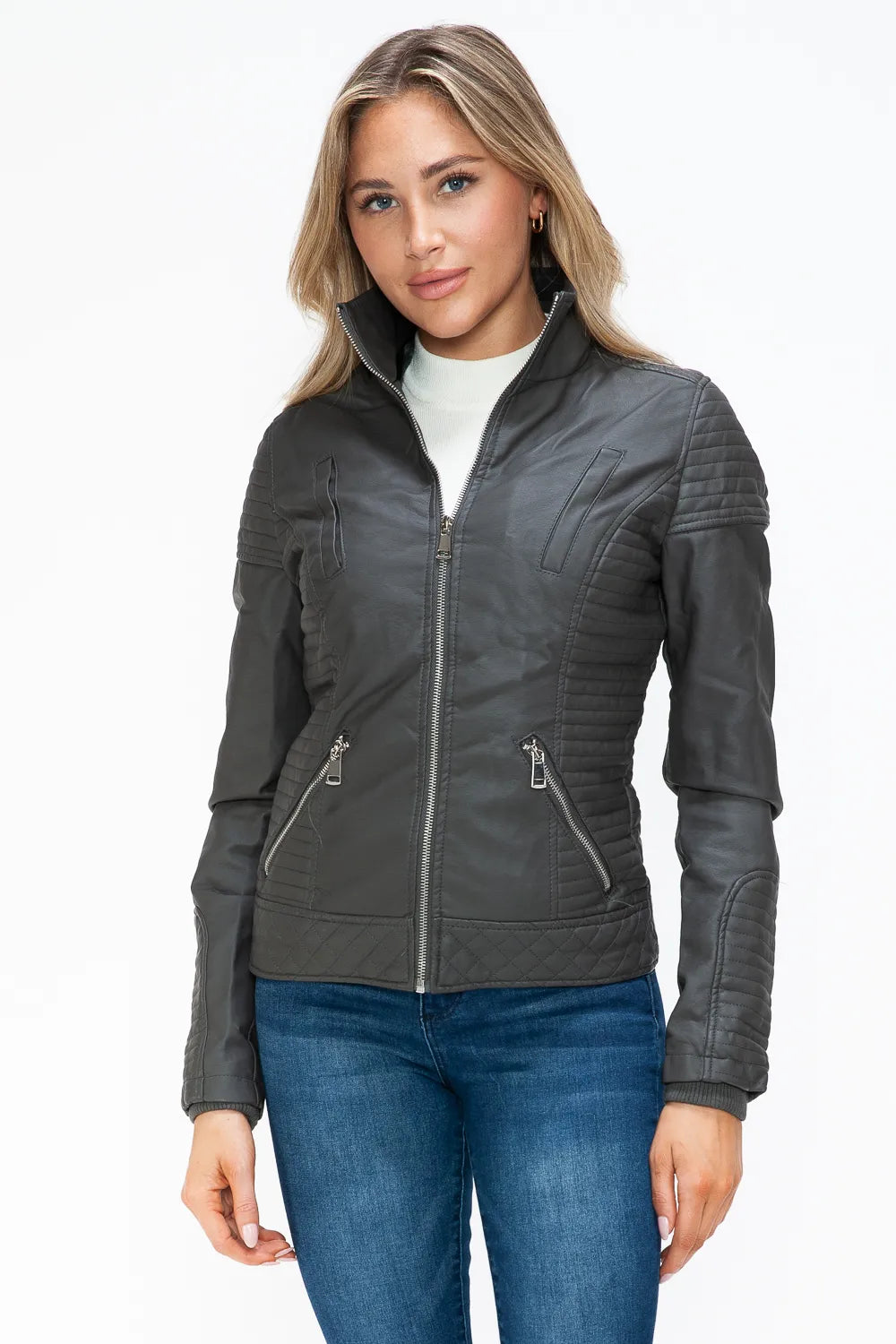 Charcoal quilted double-zip jacket with stand collar and zip pocket details