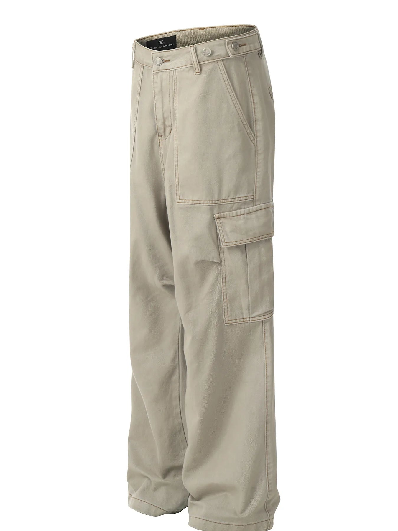 Khaki wide-leg cargo jeans, side view with flap cargo pocket