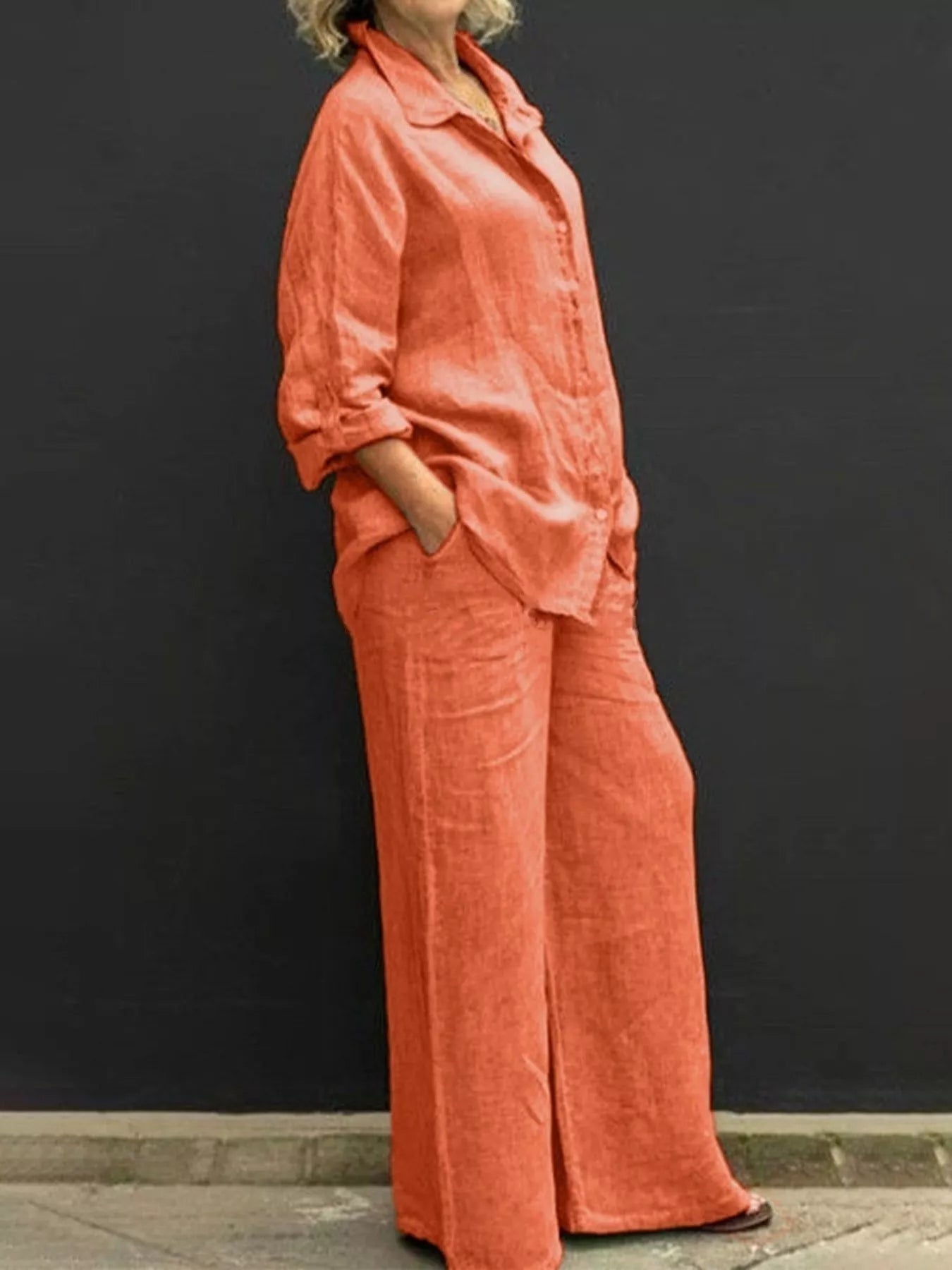 Long-sleeve shirt and pants set in orange, button-front shirt with wide-leg trousers