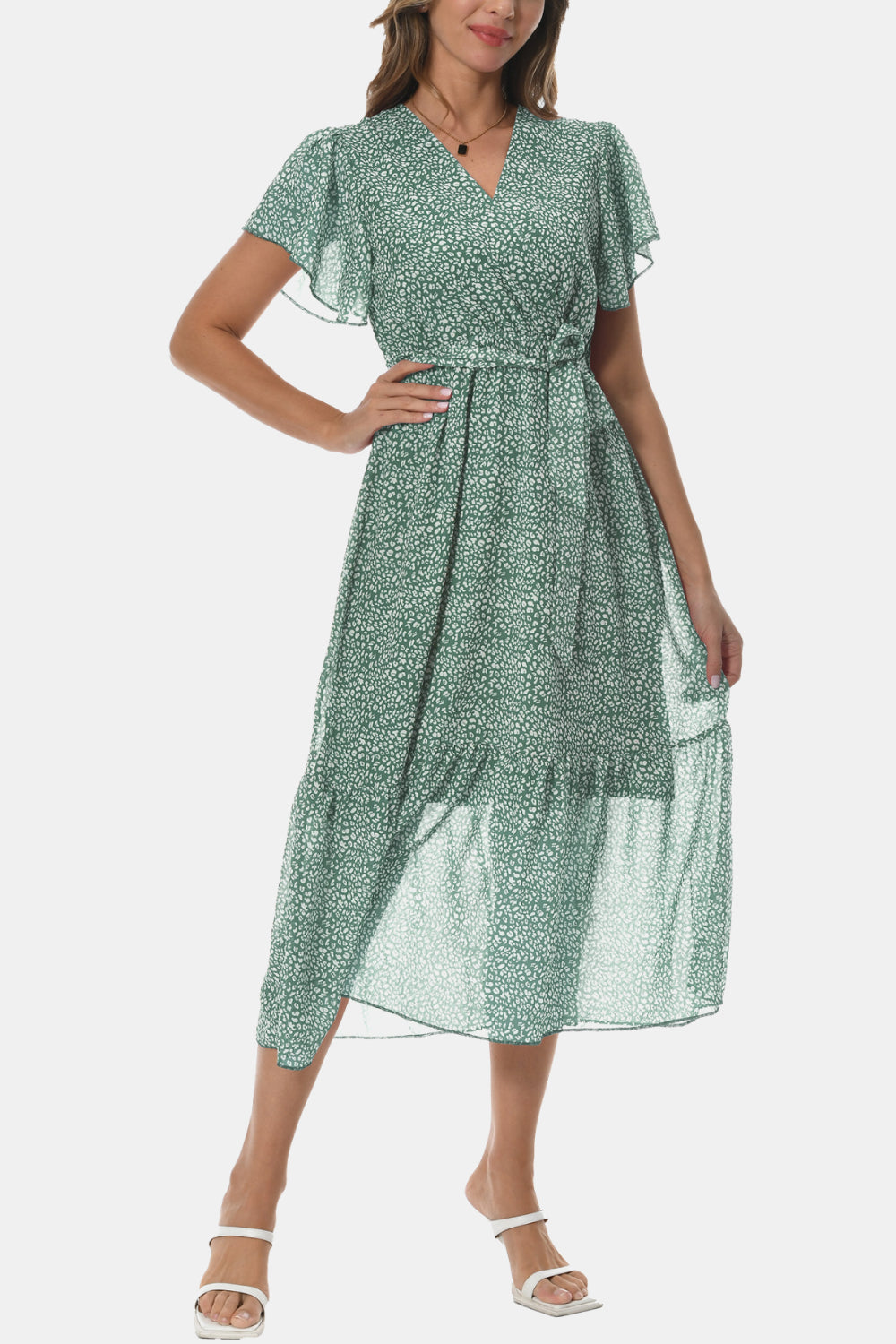 Light green surplice V-neck dress with flutter sleeves, tie waist, tiered hem