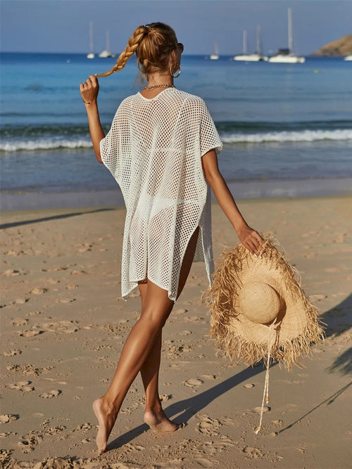White openwork V-neck short-sleeve cover-up, loose fit with front flower applique