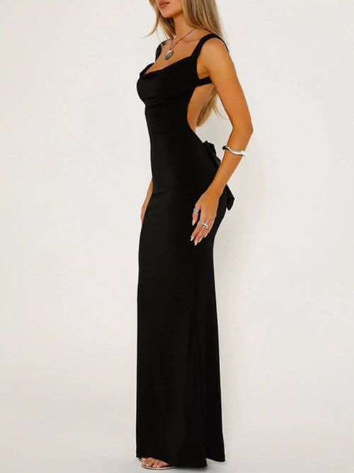 Backless wide-strap maxi dress, black, scoop neckline, fitted long column silhouette