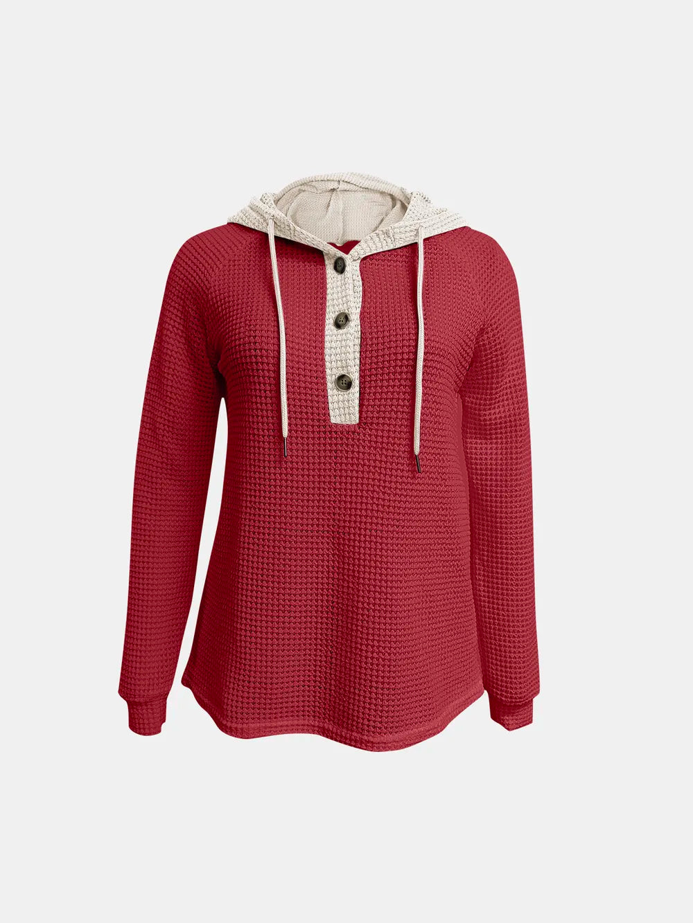 Red waffle-knit hoodie with long sleeves, hood drawstrings, and henley button placket.