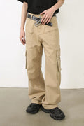 Men's khaki cargo baggy jeans with front pockets, relaxed straight legs