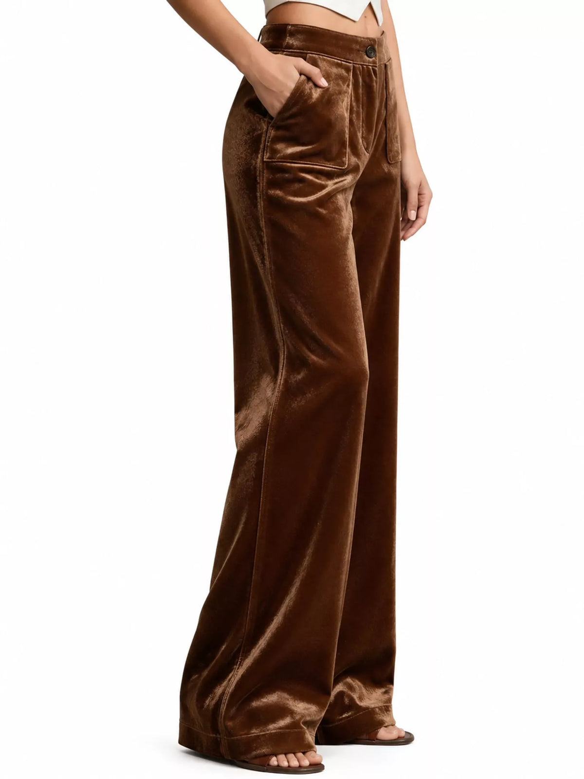Brown velvet high-waisted wide-leg pants with front pockets and button closure