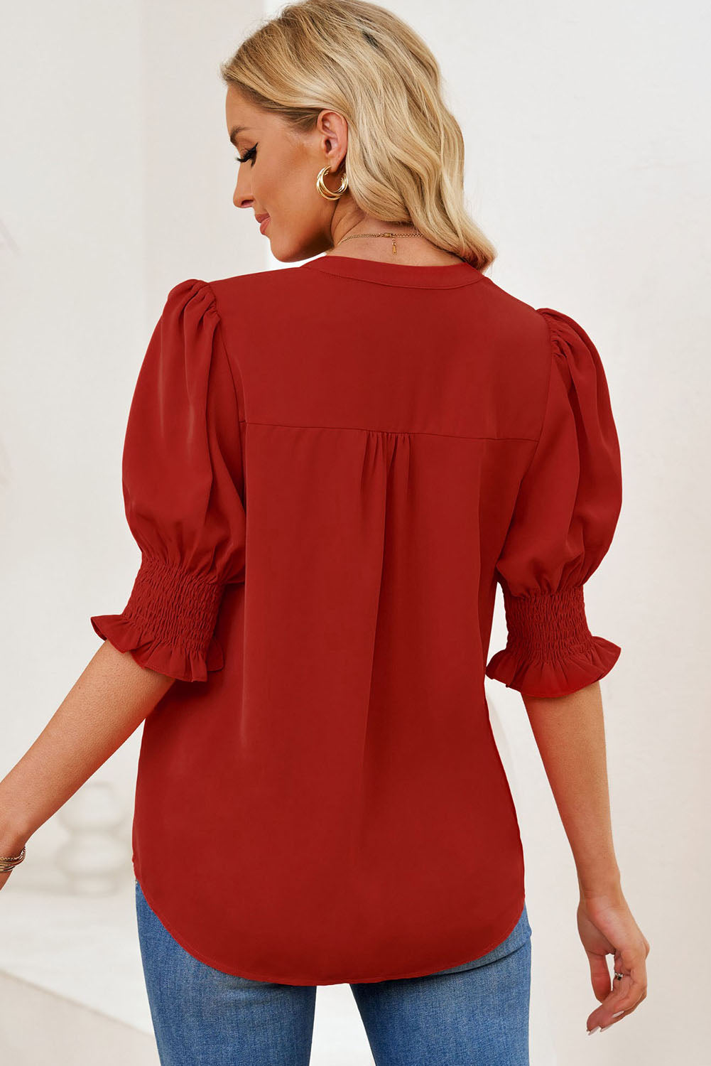 Back view smocked flounce sleeve blouse, deep red with gathered puff sleeves