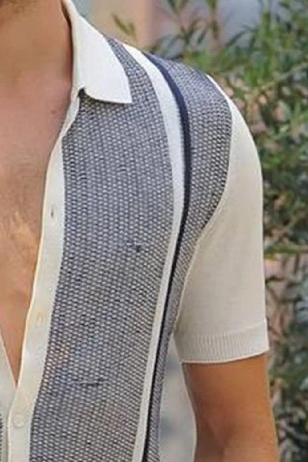Men's plus size button-up short sleeve shirt, navy-and-white stripe panel detail on chest