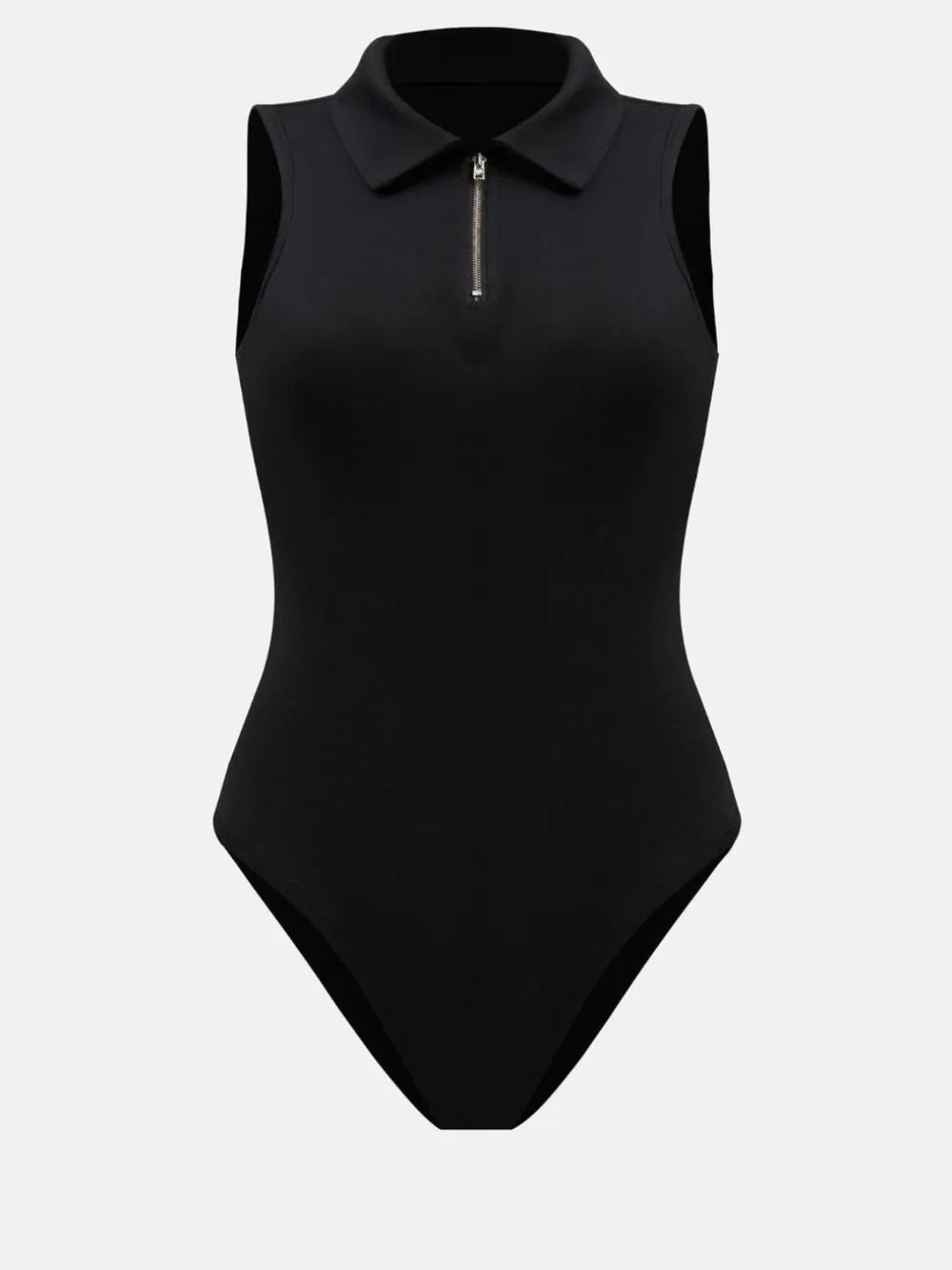 Black collared sleeveless bodysuit with quarter-zip front