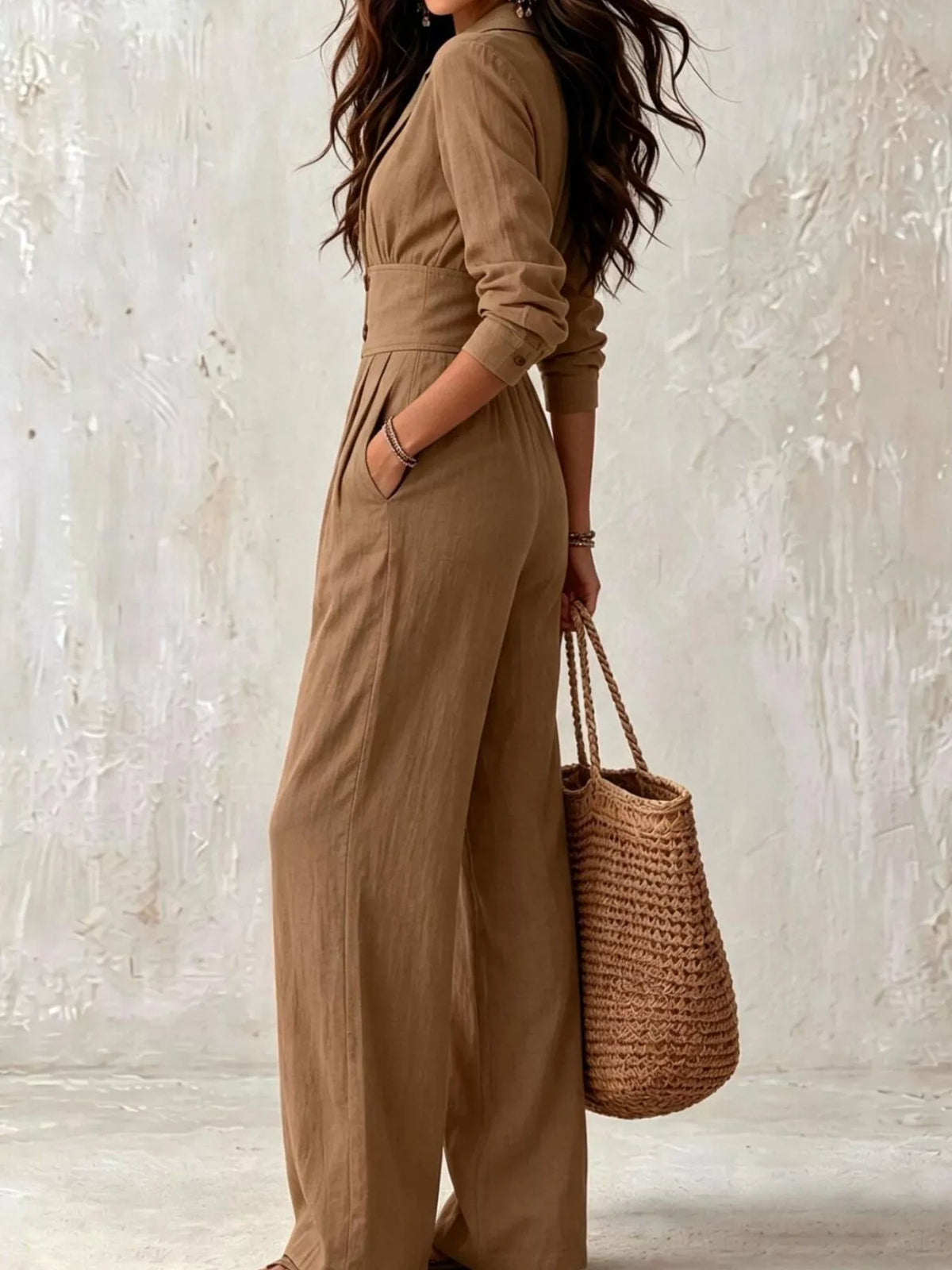 Brown lapel-collar button-front wide-leg jumpsuit, long sleeves, belted waist