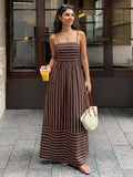 Cedar & Moore Striped Print Spaghetti Strap Maxi Dress in brown with white stripes
