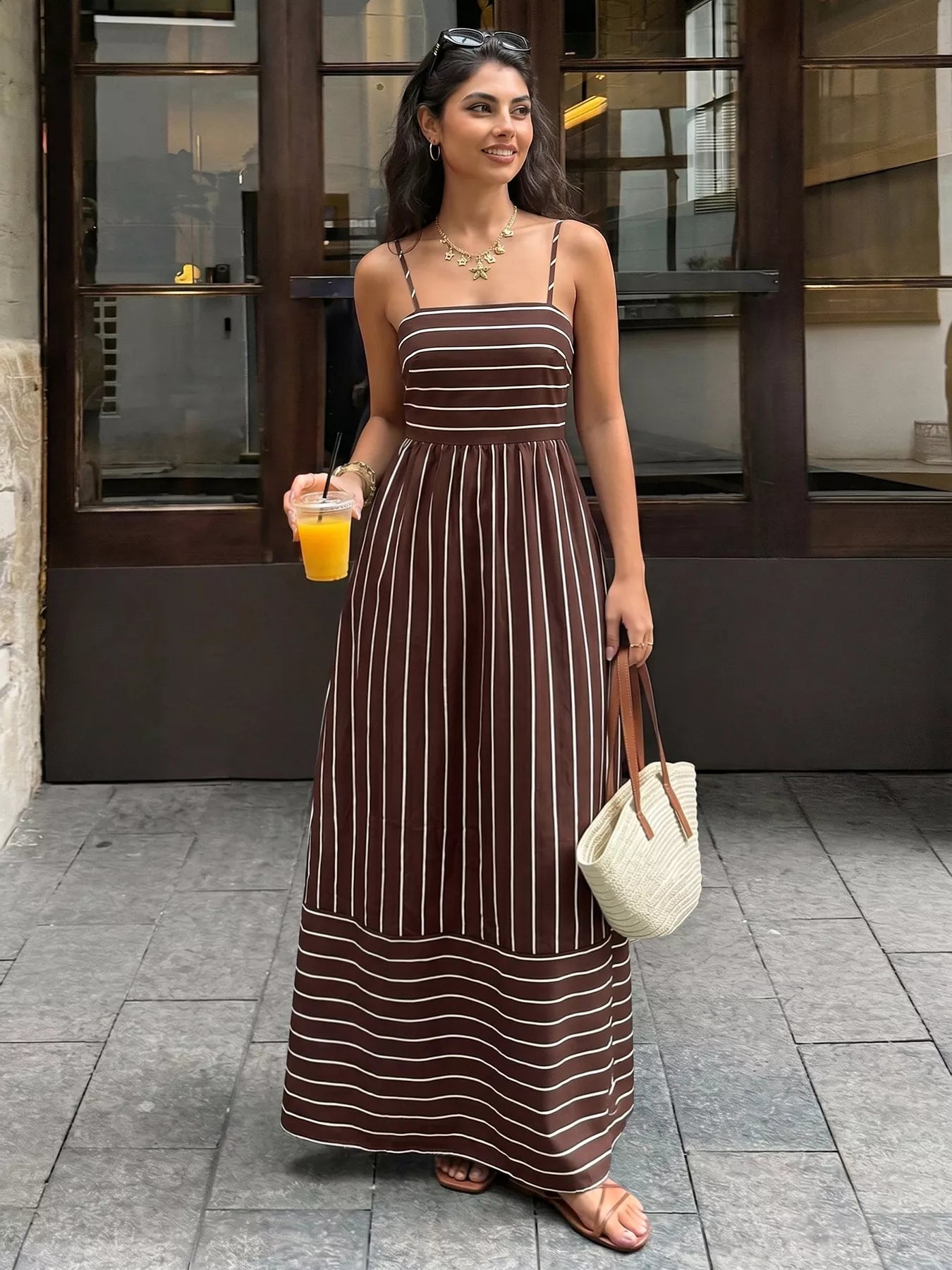 Cedar & Moore Striped Print Spaghetti Strap Maxi Dress in brown with white stripes