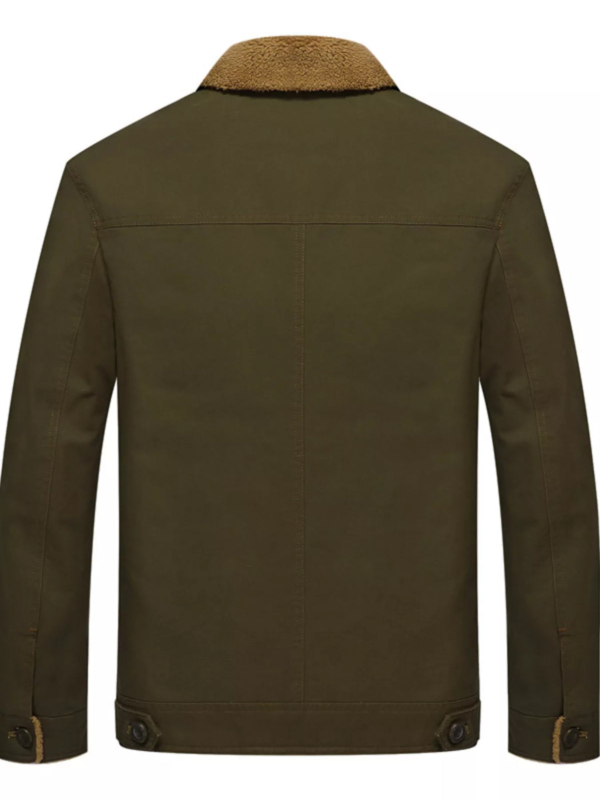 Men's button-up fleece-lined jacket, olive green; rear view with snap cuffs and hem