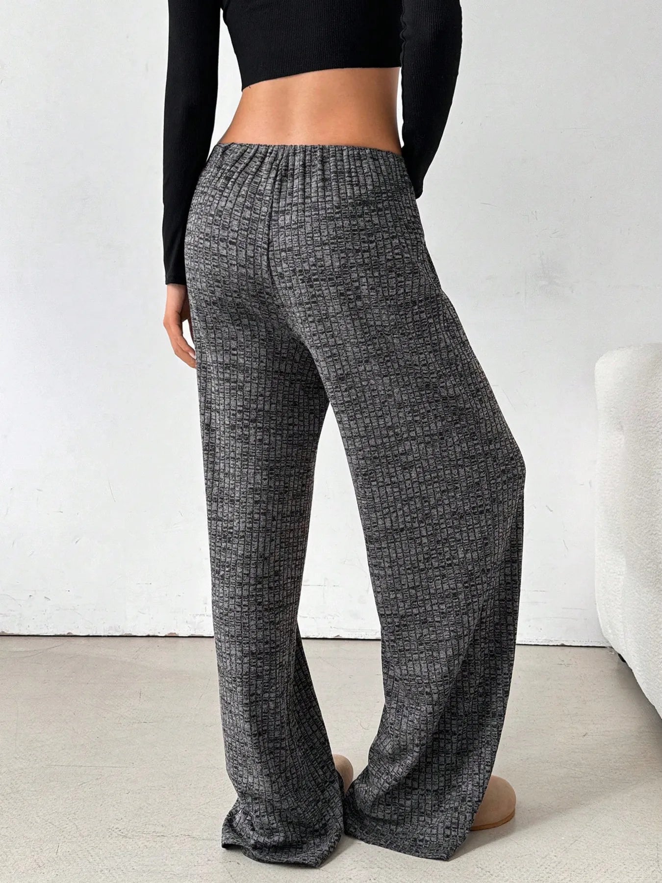 Dark gray striped wide-leg drawstring pants with elastic waistband
