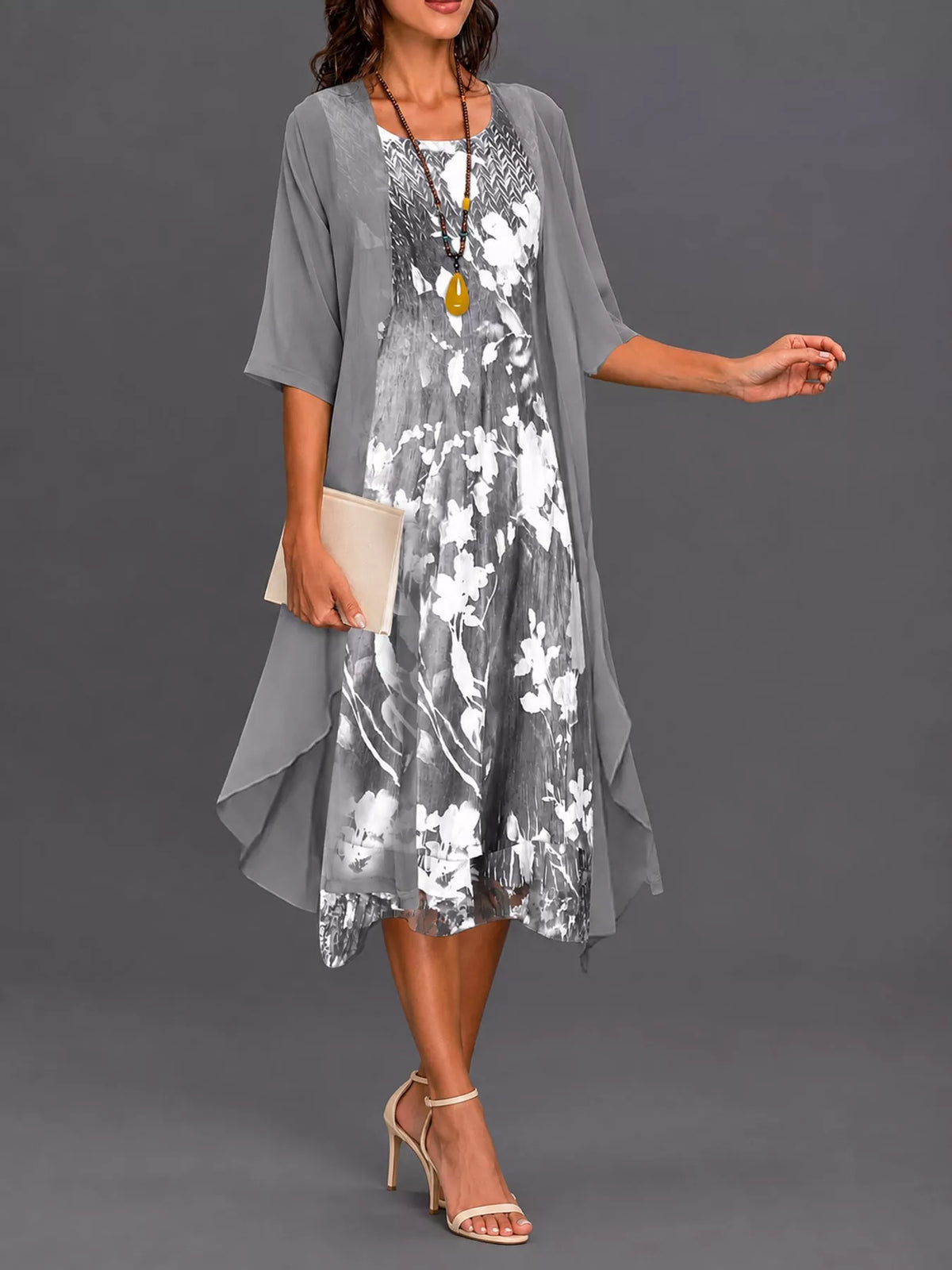 Gray floral print midi dress with sheer chiffon cardigan, front view, draped mid-calf hem