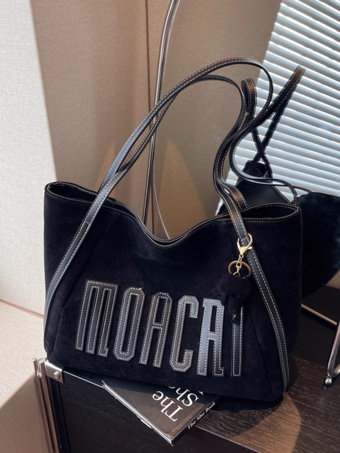 Casual Letter Shoulder Bag, black suede with bold white-stitch lettering, medium size
