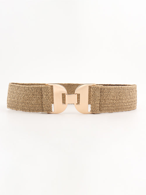 Khaki woven elastic belt with gold-tone buckle center plate