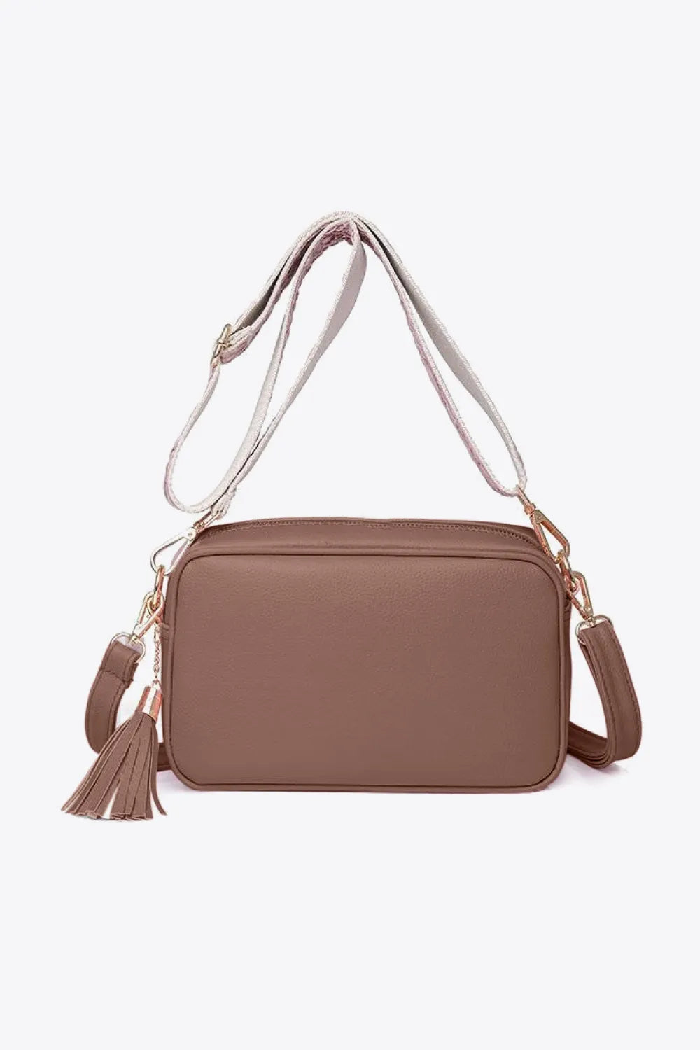 PU leather tassel crossbody bag, mauve-brown with short handles and shoulder strap