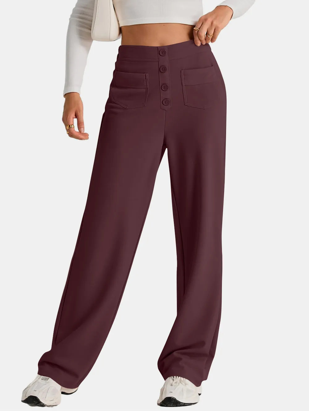 Deep purple high-waist wide-leg pants with button-front placket and front pockets