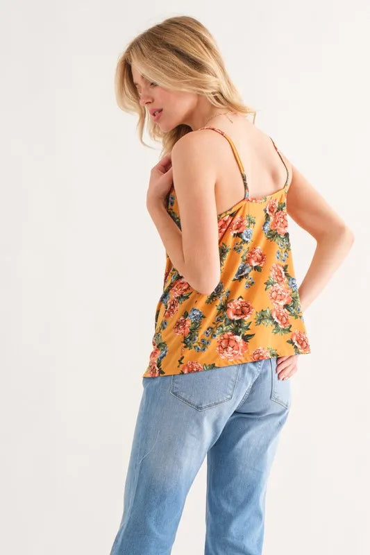 Mustard floral printed casual tank top shown from the side with thin straps