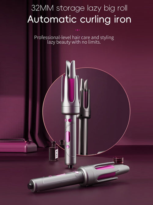 Automatic curling iron with gray body and pink/purple multi-barrel head accents