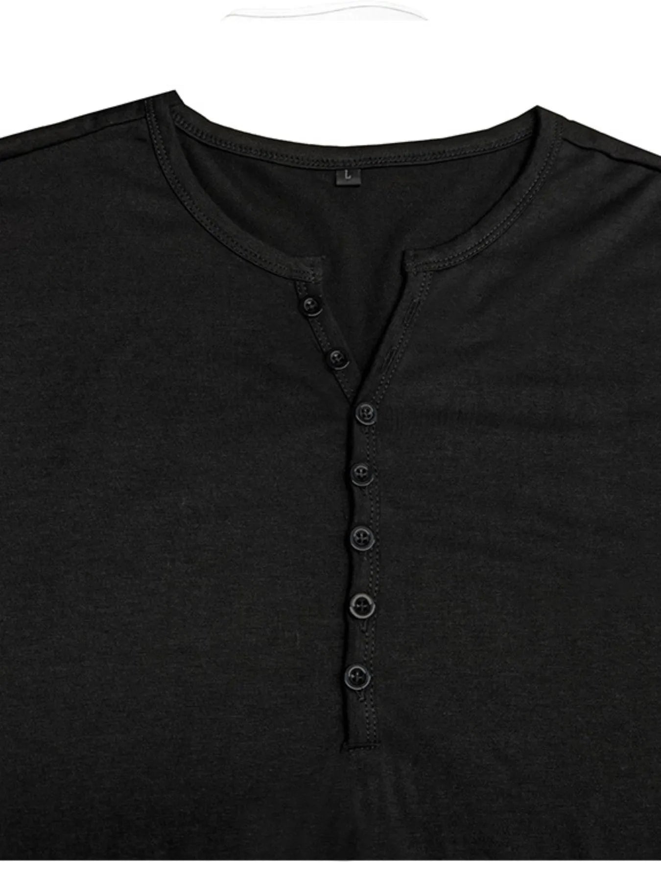 Black henley short-sleeve polo shirt neckline with button placket and small buttons