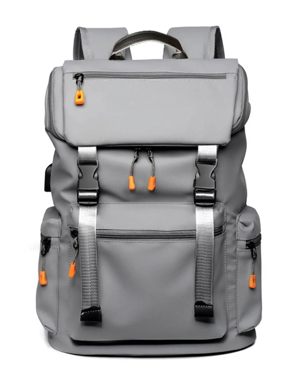 Light gray oxford cloth multi-pocket backpack with top flap, buckles, side pockets