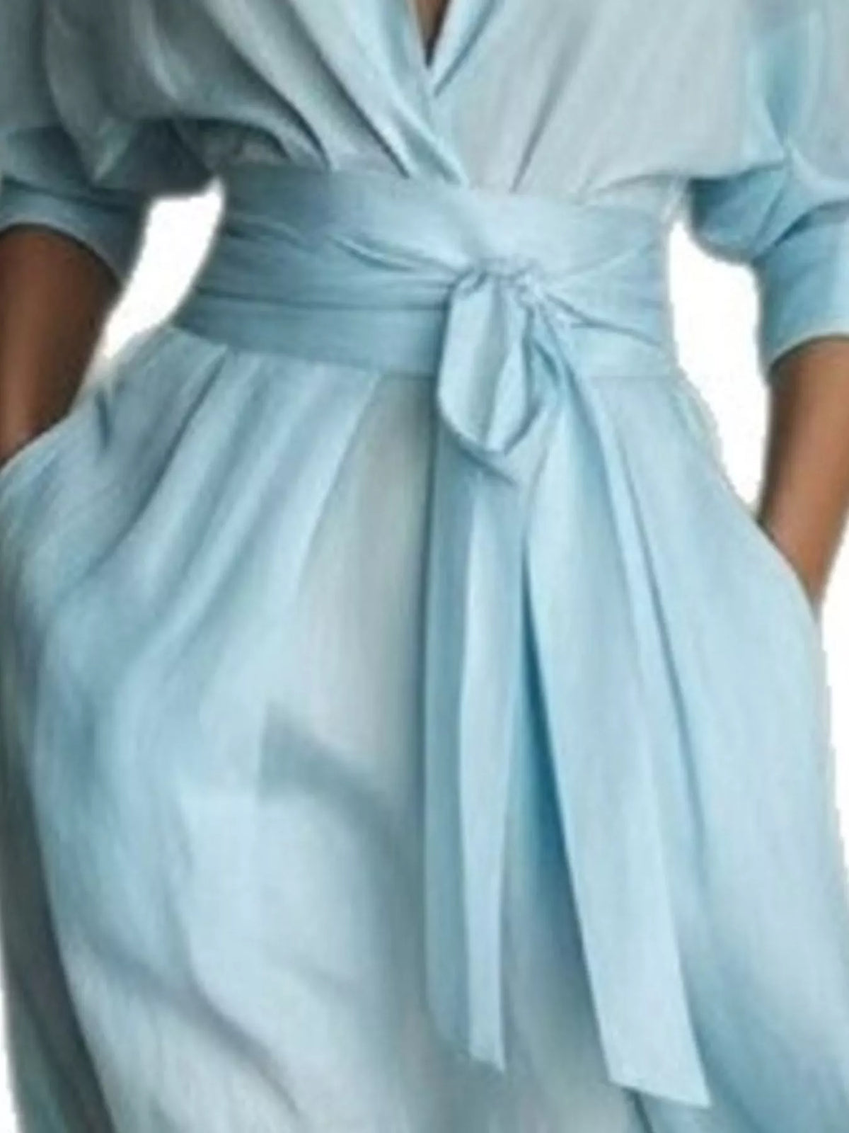 Sky blue maxi shirt dress, tie waist sash with gathered pleats and puff sleeves