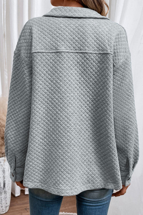 Quilted button-up collared jacket back view, gray-blue, long sleeves and yoke seam
