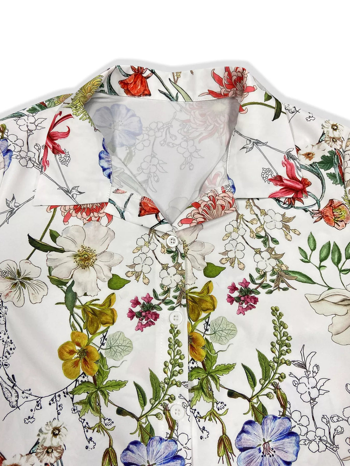 White floral button-down stretch blouse front view, collared neckline, visible buttons