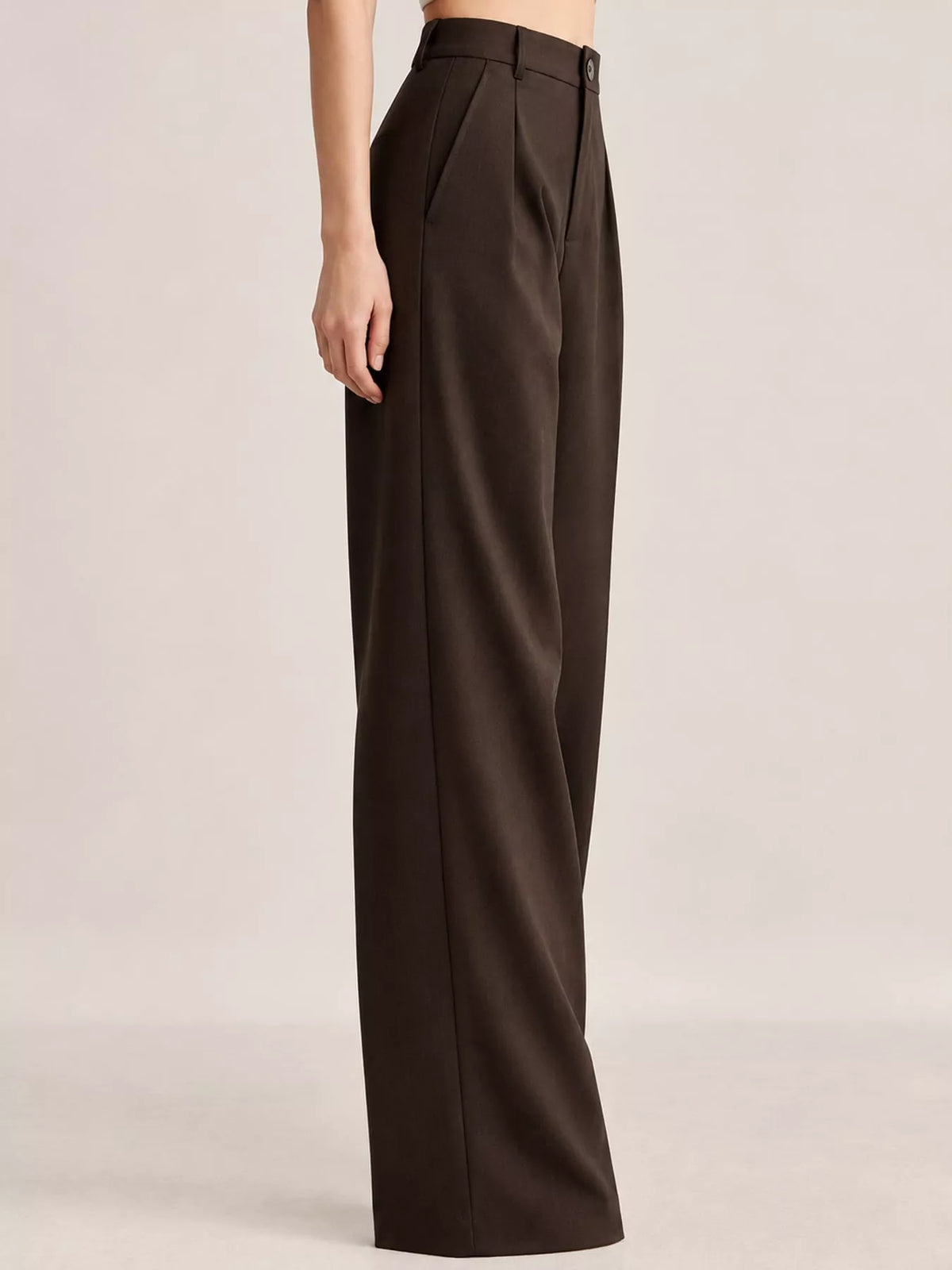 Dark brown high-waisted pleated wide-leg pants with straight wide legs